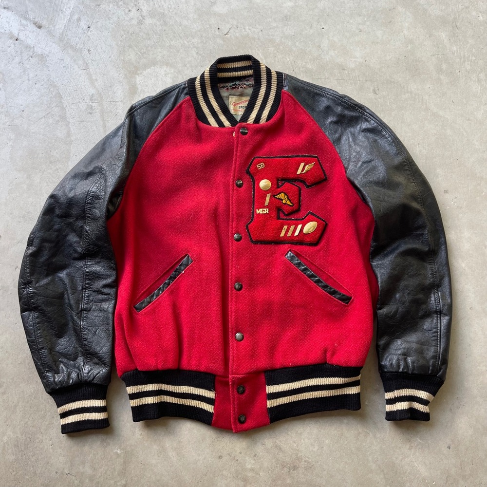 Vintage Gamemaster Sportswear Varsity Jacket Red Wool Black Leather Letterman E